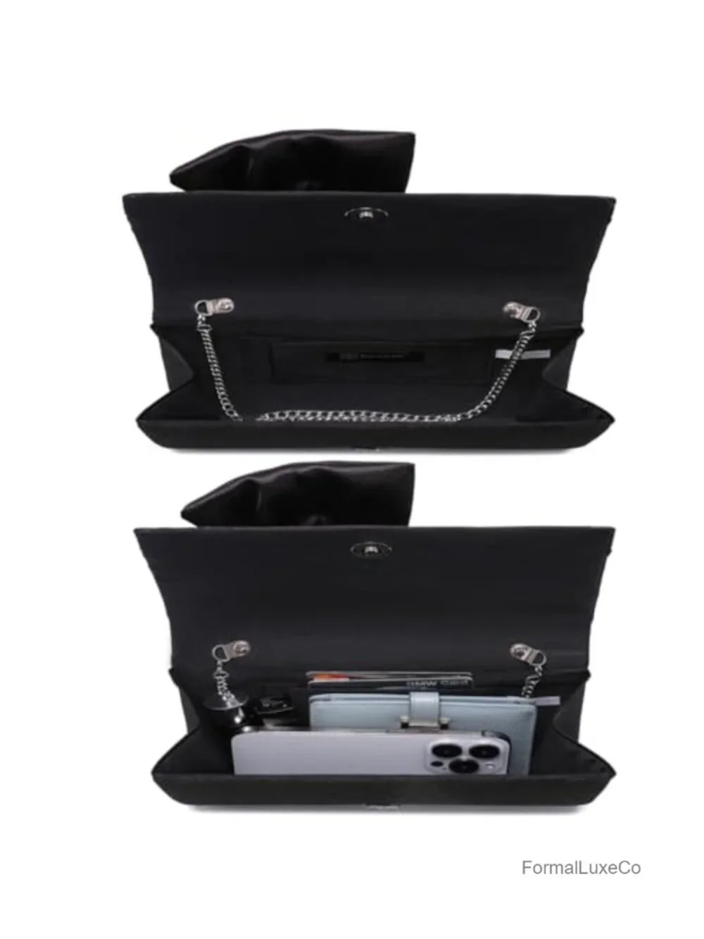 Satin Bow Flap Evening Clutch Rhinestone Prom Wedding Party Bag with Chain Strap